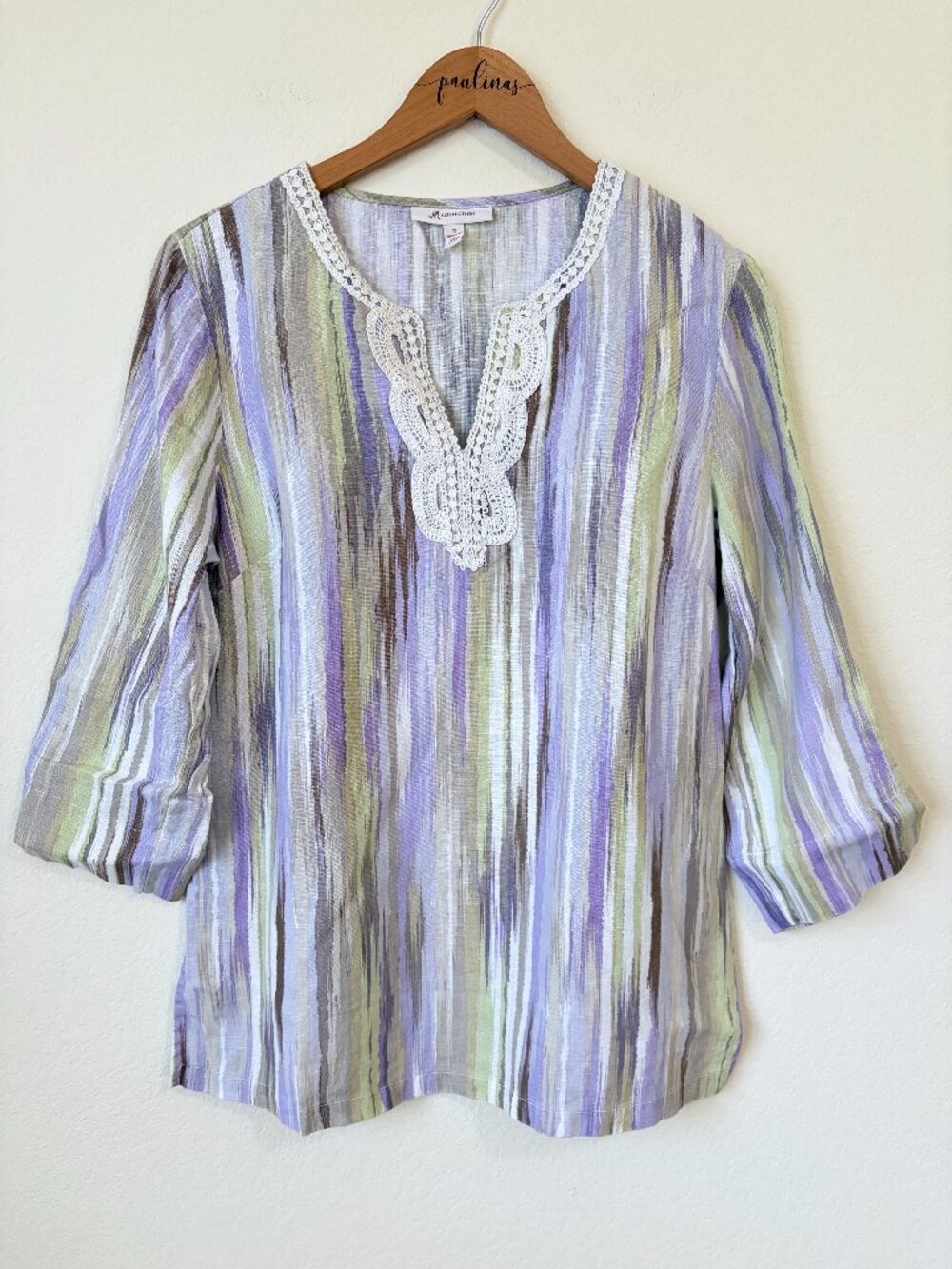 JM Collection Top Womens 10 Purple Green Stripe Linen Crochet Coastal Blouse